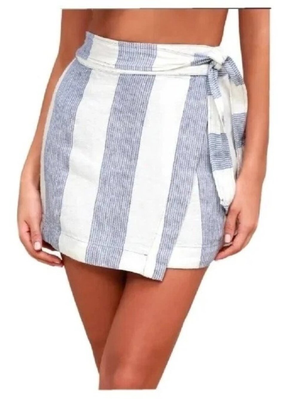 Free People Uptown Days Blue/White Stripe Linen Wrap Skirt Women's Size 4 - Picture 1 of 6